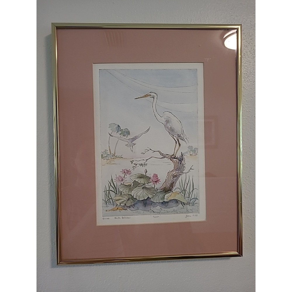 RUTH BETCHER Original Heron WatercolorPainting MattedFramed 11.25"X14.25" 19/100